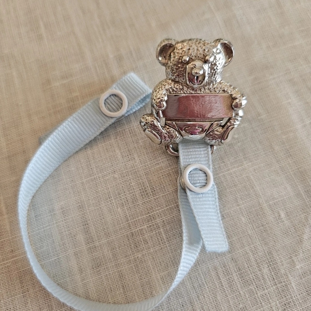 Empire Sterling Silver Teddy Bear Baby Pacifier Clip w/ Blue Ribbon. Engraveable